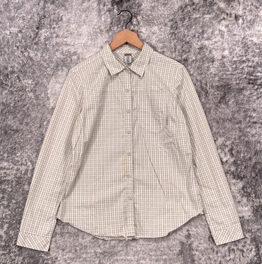 STIO Shirt Large Womens Cotton Nylon Green Check Long Sleeve Hiking Button Top